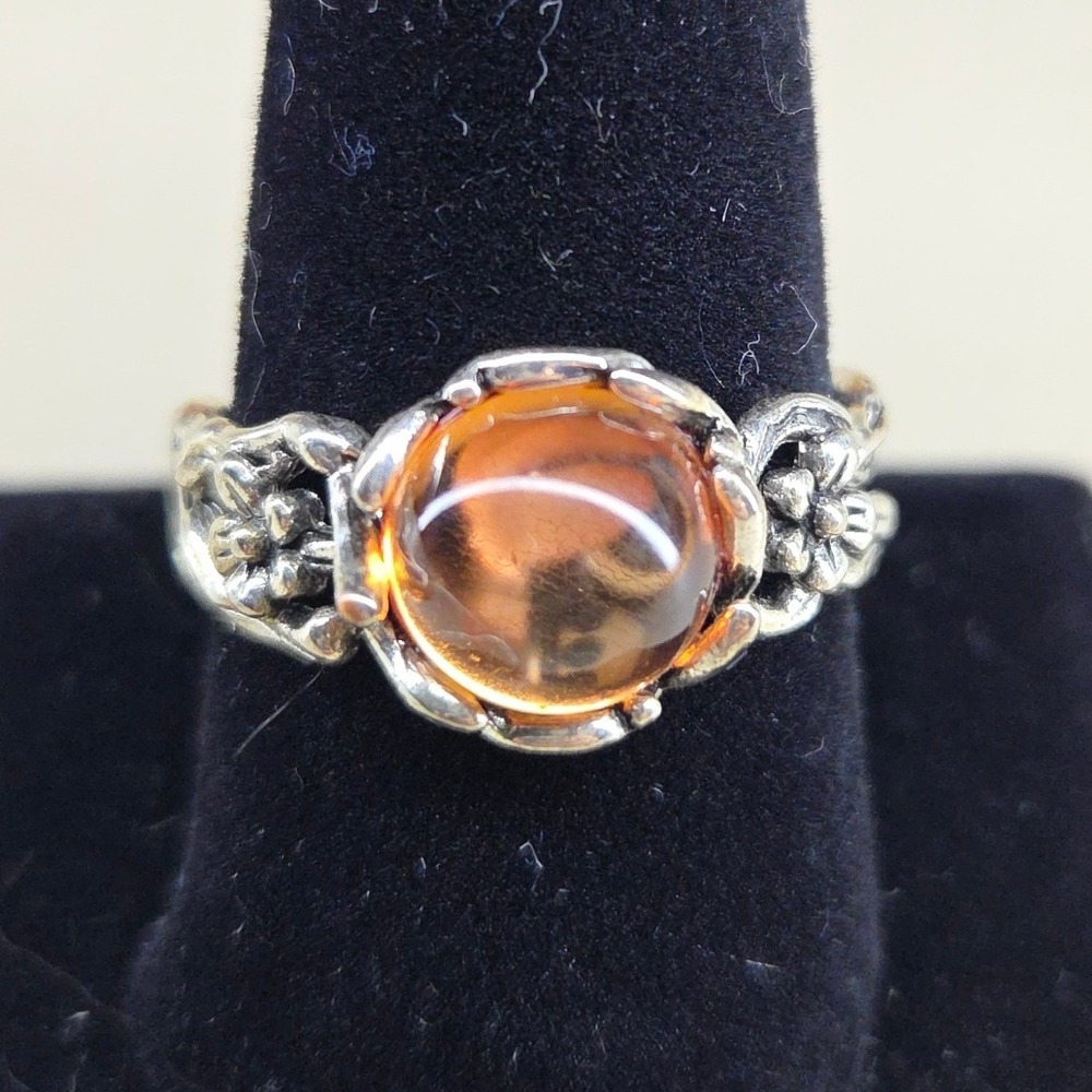 Boho Silver Tone Amber Cabochon Flower Branch Textured Statement Ring Size 10.25